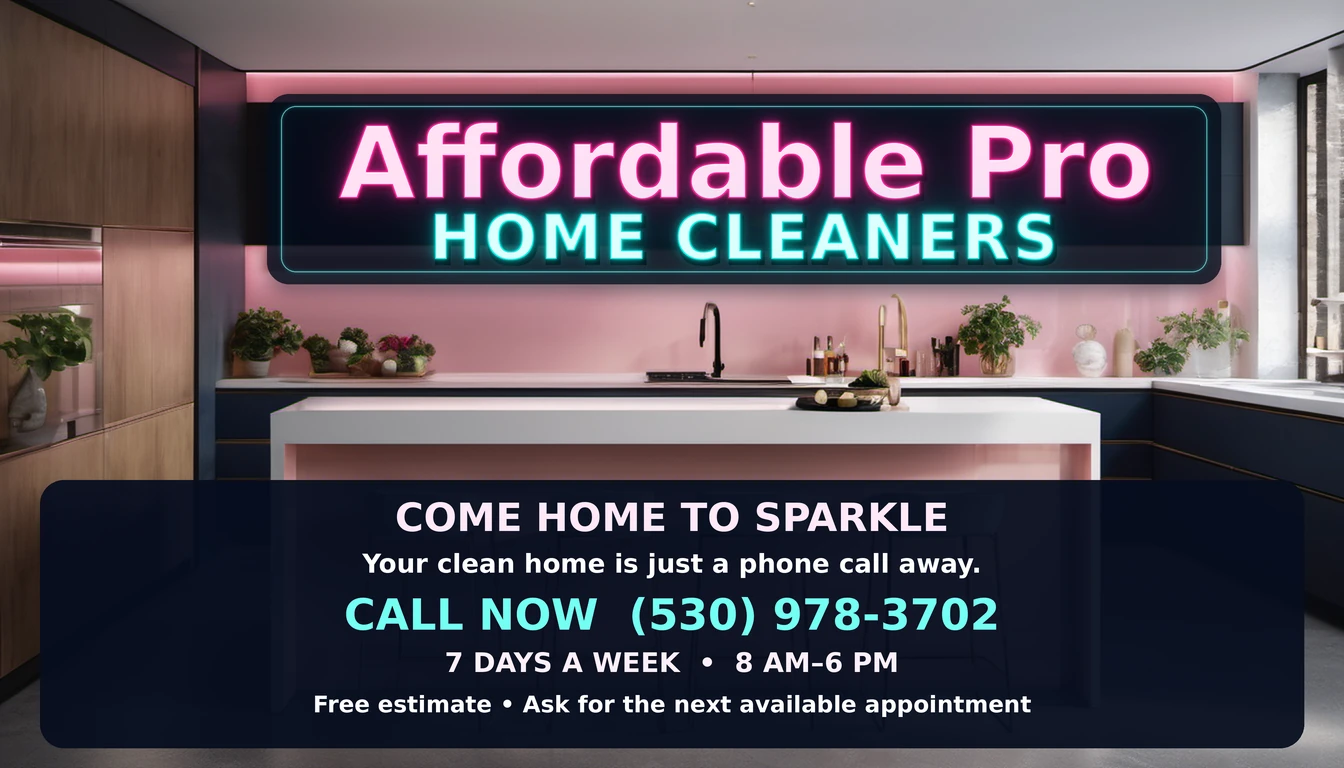 Affordable Pro Home Cleaners. Come home to sparkle. Call us at (530) 978-3702, 7 days a week, 9 AM to 7 PM. Free estimate; ask for the next available appointment. AI-generated kitchen with neon lettering